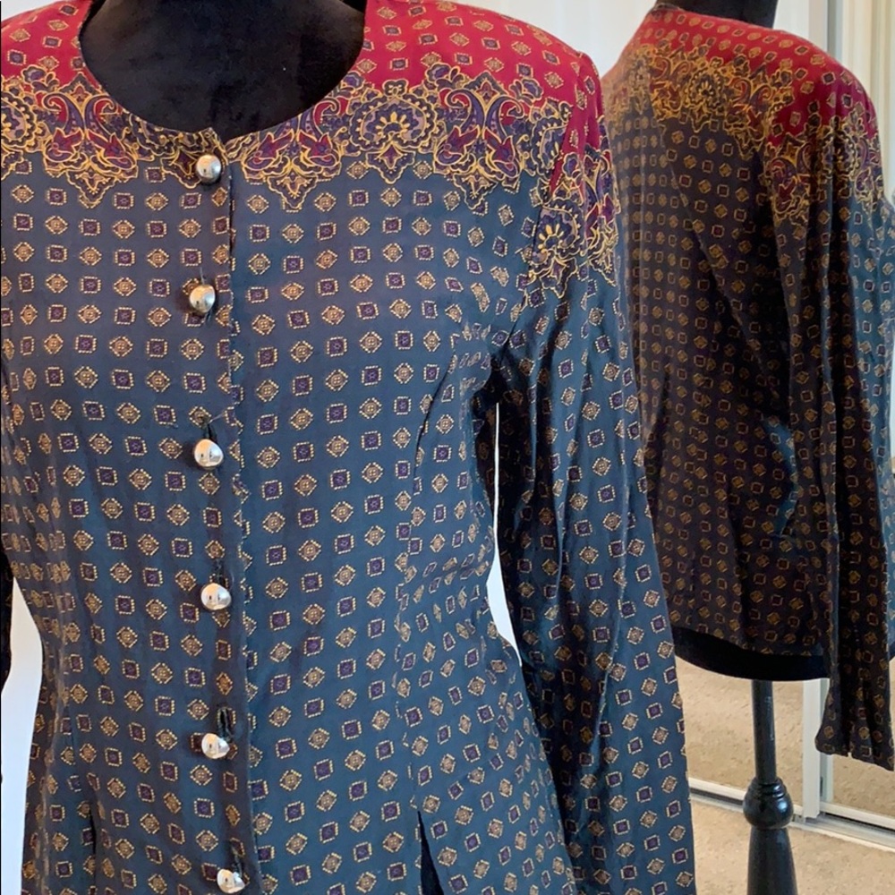 Vintage Circa 1980s Green Floral Print Blouse M